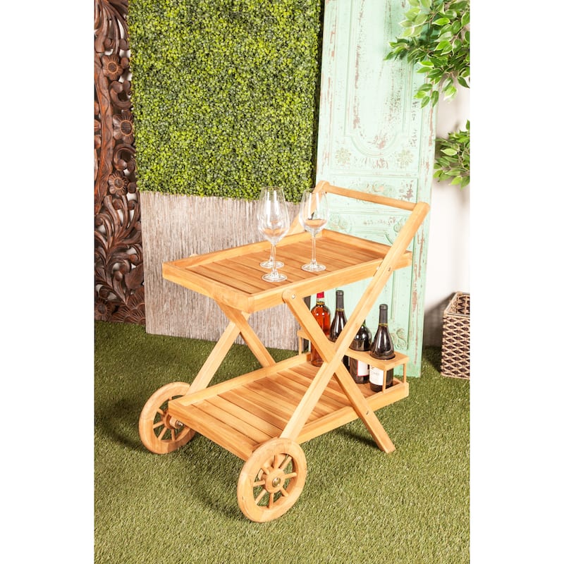 Teak Wood Indoor Outdoor Rolling 2 Shelves Bar Cart with Wheels and Handle - Brown - Roche River Decor - 21"W x 32"L x 32"H