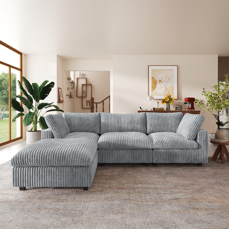 Large L-shape Plush Fabrics Upholstery Sectional Sofa Down Filled Cloud Couch - Grey
