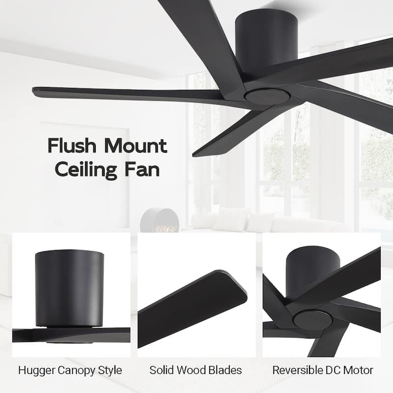 MLiAN 5 Solid Wood Blades Indoor Flush Mount Ceiling Fan with Remote