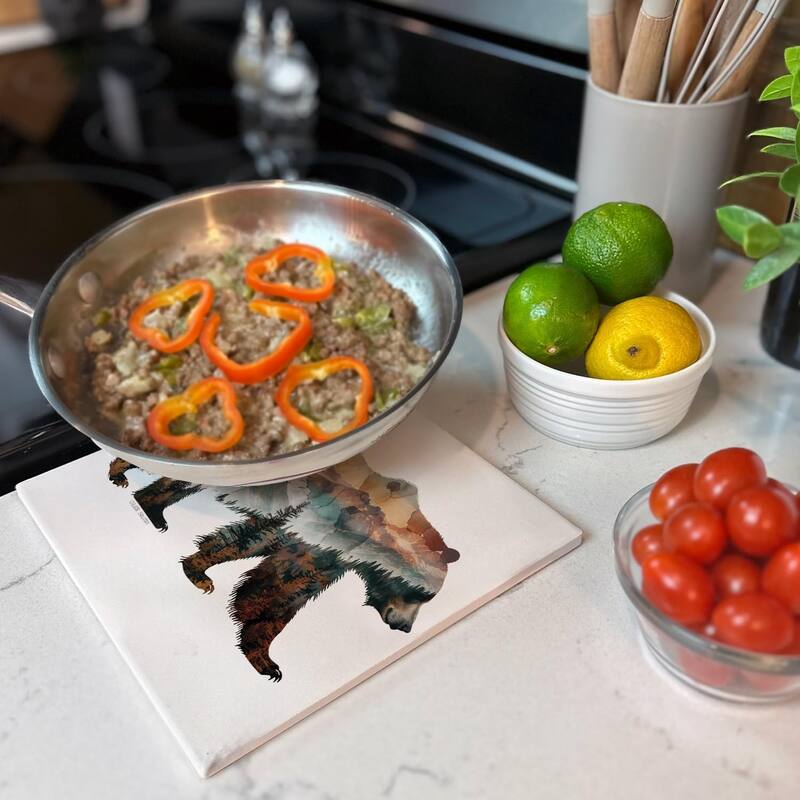 Bear Silhouette Decorative Heat Tolerant Stone Trivet with Non-Skid Cork Backing 8” Square Artistic, Durable, Easily Wipes Clean