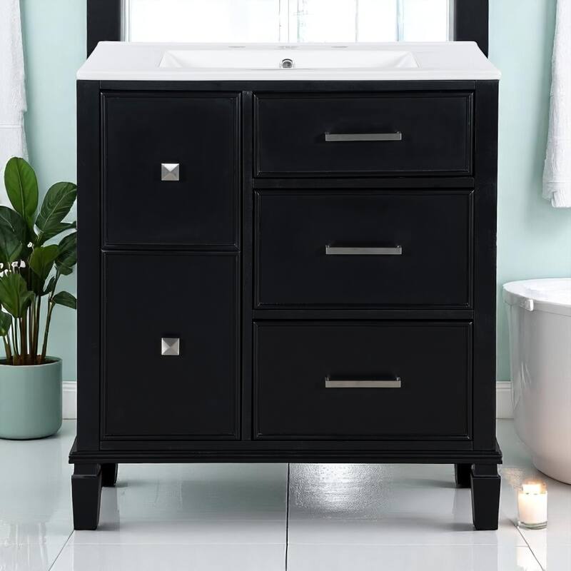 30" Bathroom Vanity with Sink, Freestanding Cabinet with Flip-Out Drawer & Double-Layer Storage, Solid Wood with Ceramic Basin - Black - 30" Solid Wood+MDF