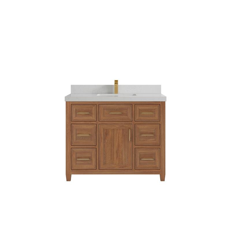Willow Collections 42 in. W x 22 in. D Santa Monica Teak Single Sink Bathroom Vanity with Countertop - 2”Carrara Quartz - Dark Natural Teak