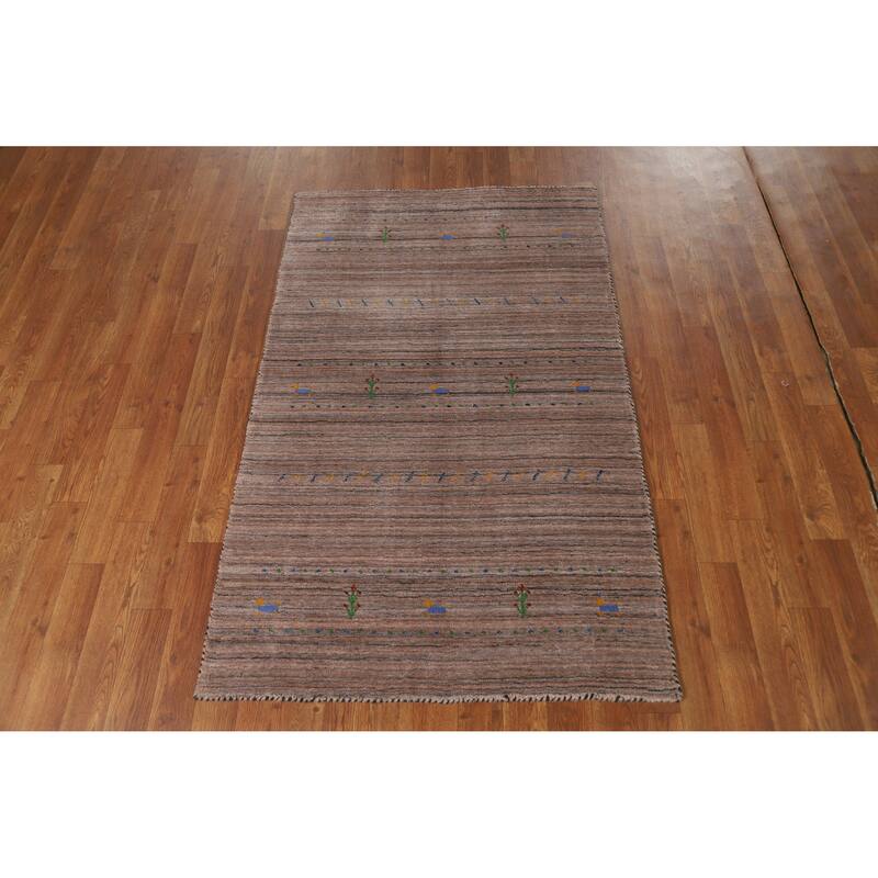 Hand Knotted Oriental 100% Wool Carpet Tribal Stripe Brown Gabbeh Area Rug - 4' 10'' X 3' 0''