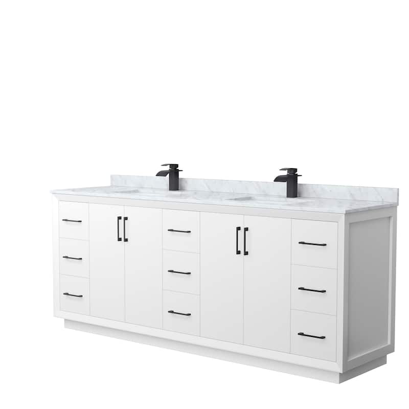 Strada 84-Inch Double Vanity Set, Carrara Marble Top - White, Black Trim, Carrara Marble Top