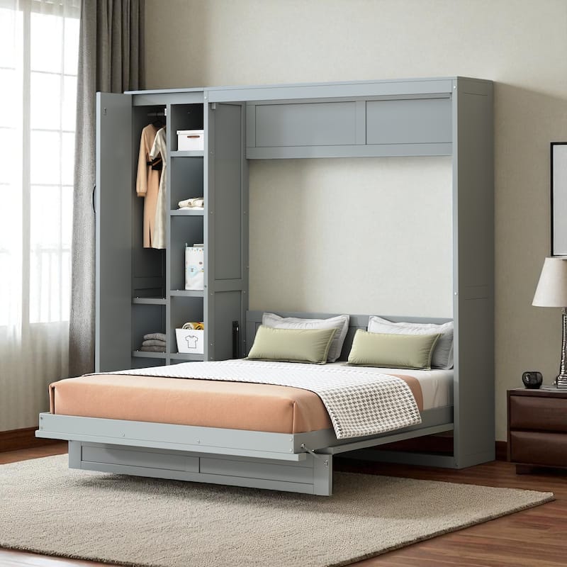 Full/Queen Size Murphy Wall Bed with Shelves, Wardrobe, LED Lights - Space-Saving Design