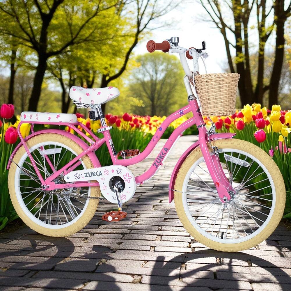 Girls 20 Inch Bike with Basket, Steel Frame, Front & Rear Brakes, For Kids Ages 7-10, No Training Wheels