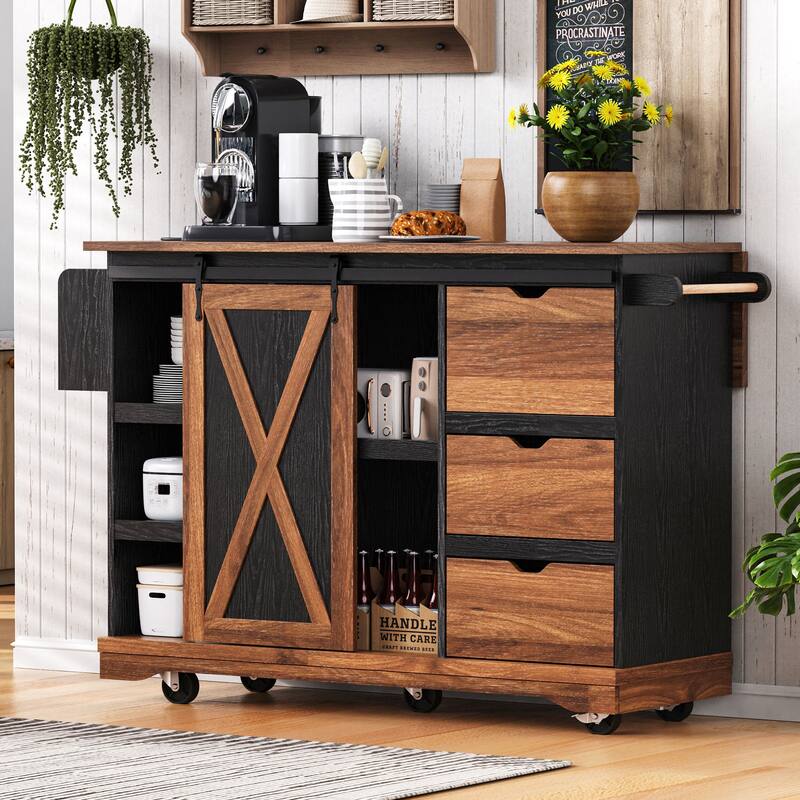 55.5" Farmhouse Kitchen Island with Drop Leaf, Power Outlet, Rolling Wheels and Spice Rack - 55.5'' x 28.75'' x 36.9''