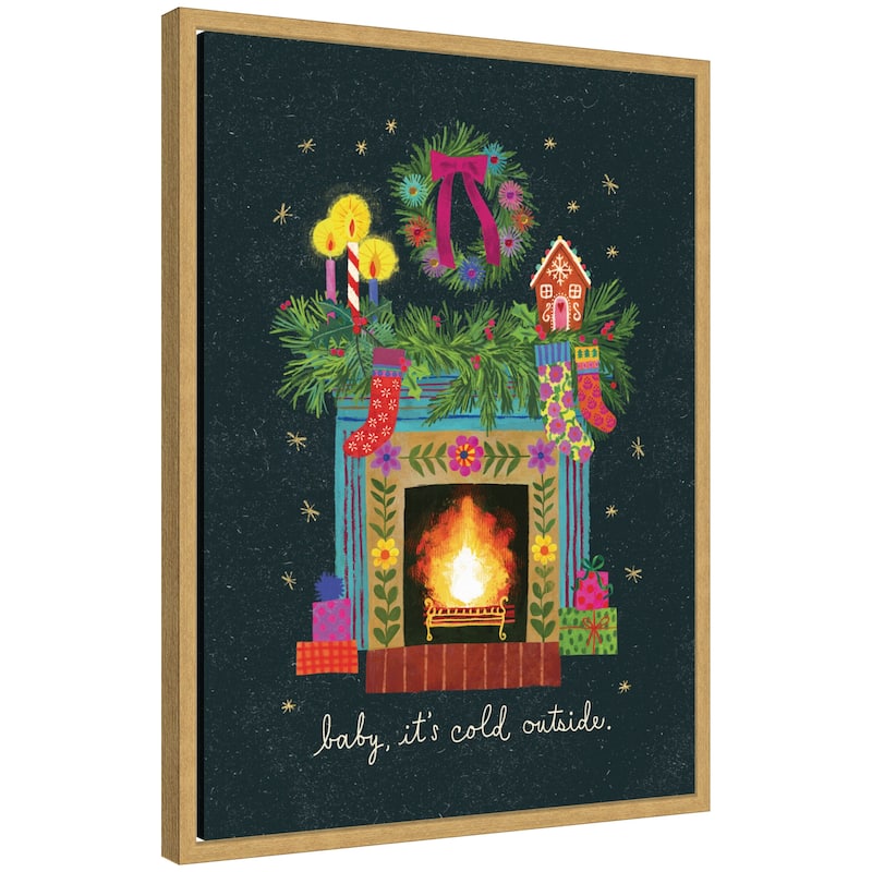 Kate and Laurel Sylvie Framed Canvas Christmas Fireplace by Shannon Snow - Yellow