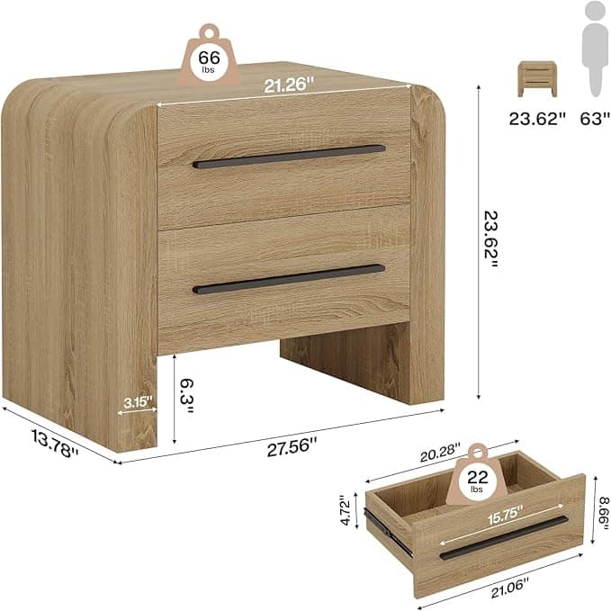 27.55" Nightstand with 2 Drawers, Modern Curved Bedside Table for Bedroom