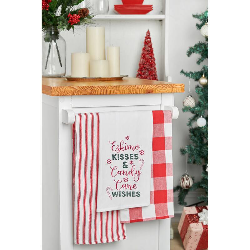 "Eskimo Kisses & Candy Cane Wishes" Sentiment withCandy Canes Cotton Flour Sack Kitchen Dish Towel 27L x 18W in.