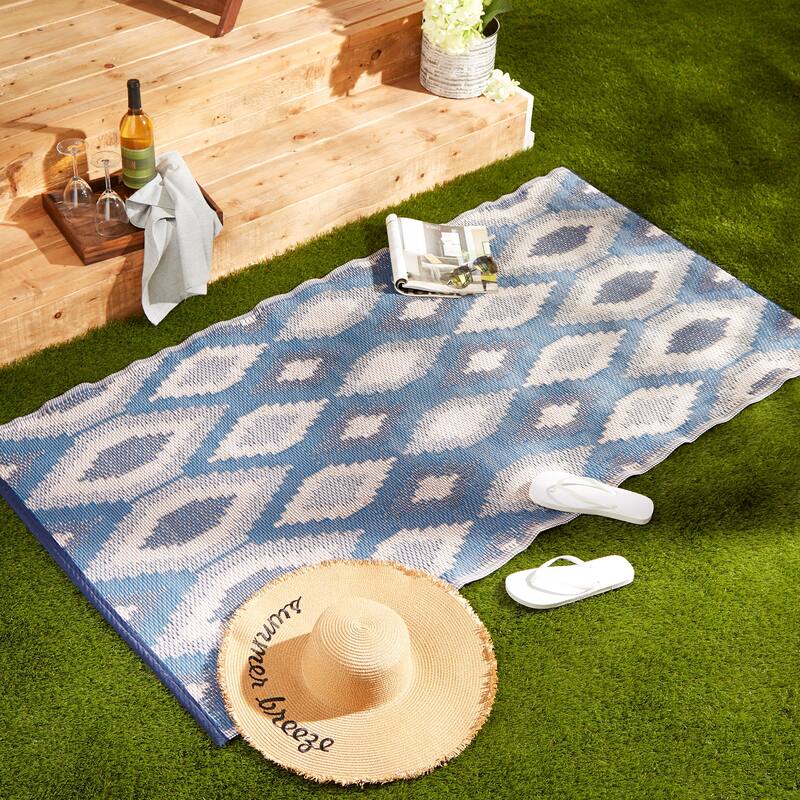 Blue and Grey Ikat Outdoor Floor Runner 3x6 Ft