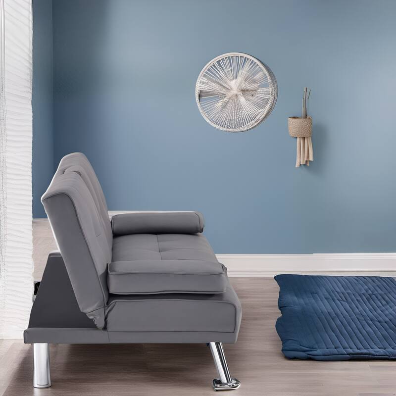 Convertible Futon Sofa Bed with Armrests & Cupholders - Faux Leather Reclining Couch for Small Spaces