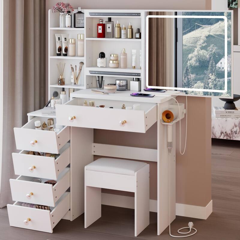 Vanity Table with Control LED Sliding Mirror, Dressing Table Set with USB Power Station, Makeup Stool with Hair Dryer Stand