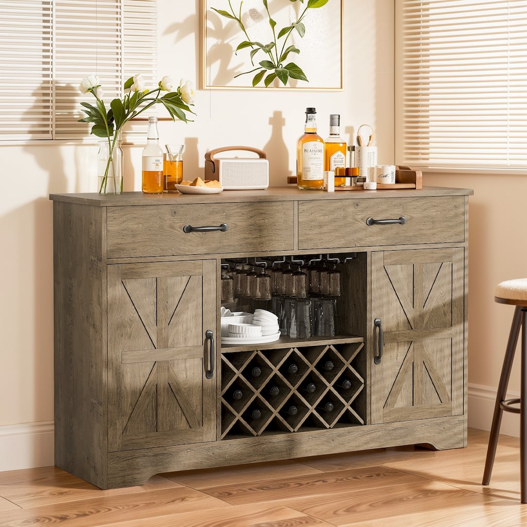 55'' Farmhouse Wine Bar Cabinet with Hutch & 10 Wink Racks