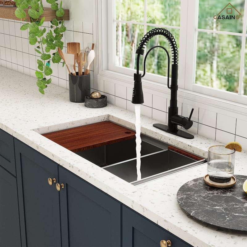 All-in-One Undermount Single Bowl 16 Gauge Nano Brushed Stainless Steel Workstation Kitchen Sink with Accessories and Faucet Set