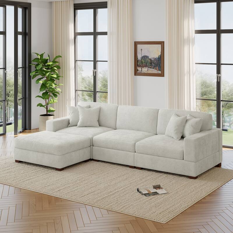 Modern Oversized Chenille Modular Sectional Sofa with Ottoman - Off White-4 Piece