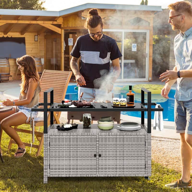 Costway Outdoor Bar Cart with Tempered Glass Top Storage Cabinet & 8 - See Details