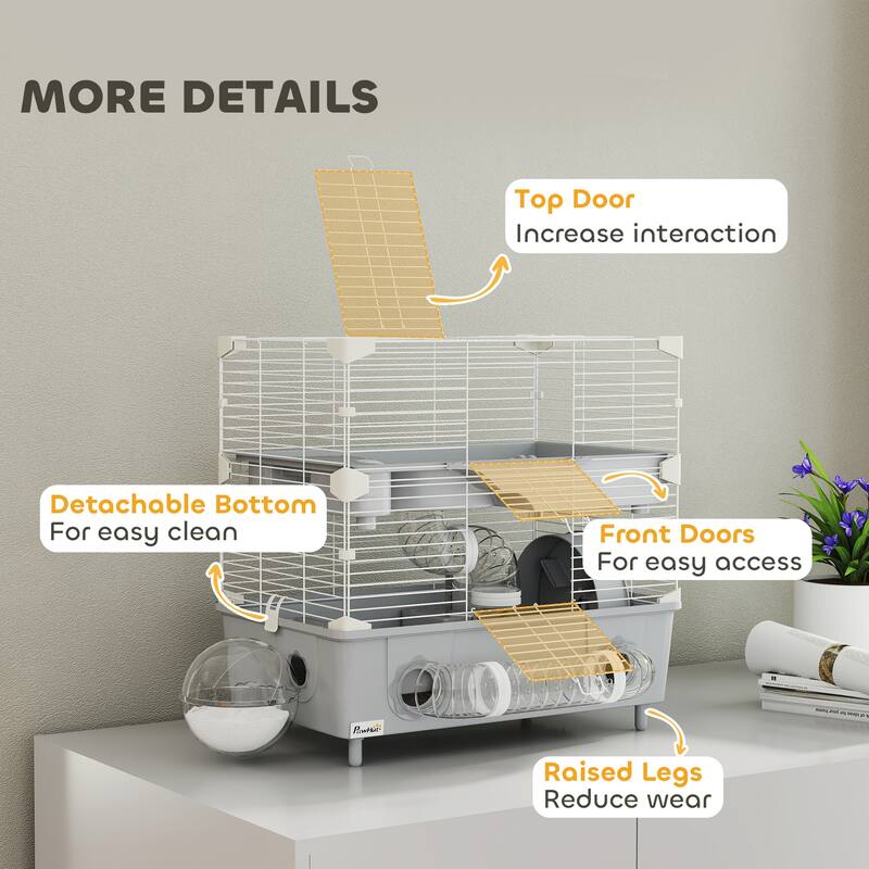 Two-Tier Hamster Cage for Dwarf Hamsters with Running Wheel Water Bottle and Play Platforms - 17.5" L x 11" W x 17.3" H