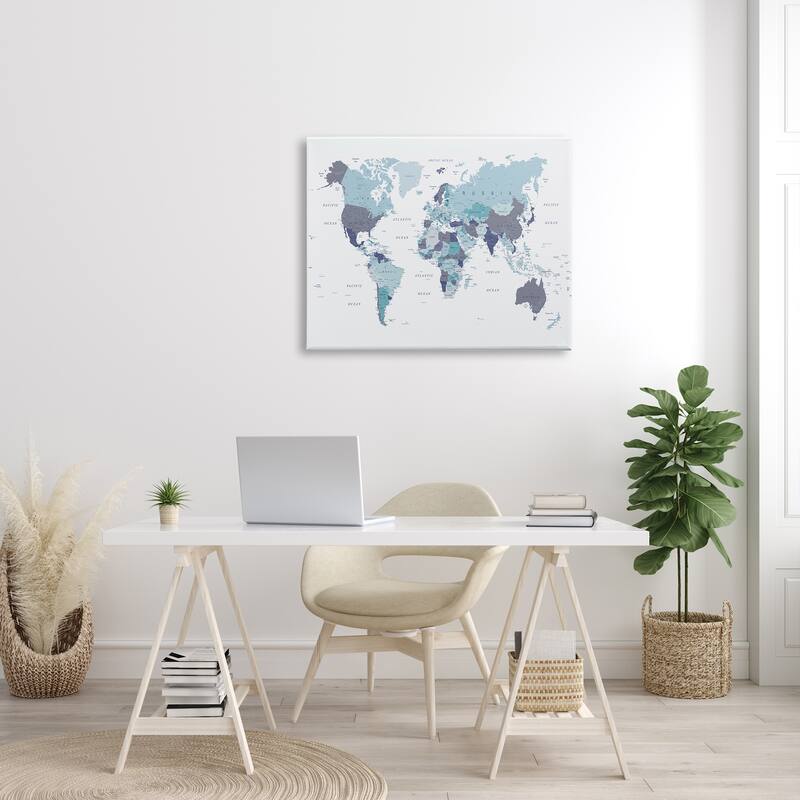 Stupell World Map with Labels Monochromatic Blue Regions Canvas Wall Art