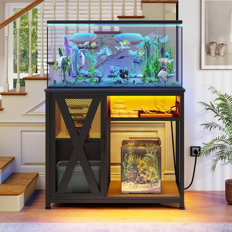 LED Aquarium Stand with Storage Cabinet and Power Outlets