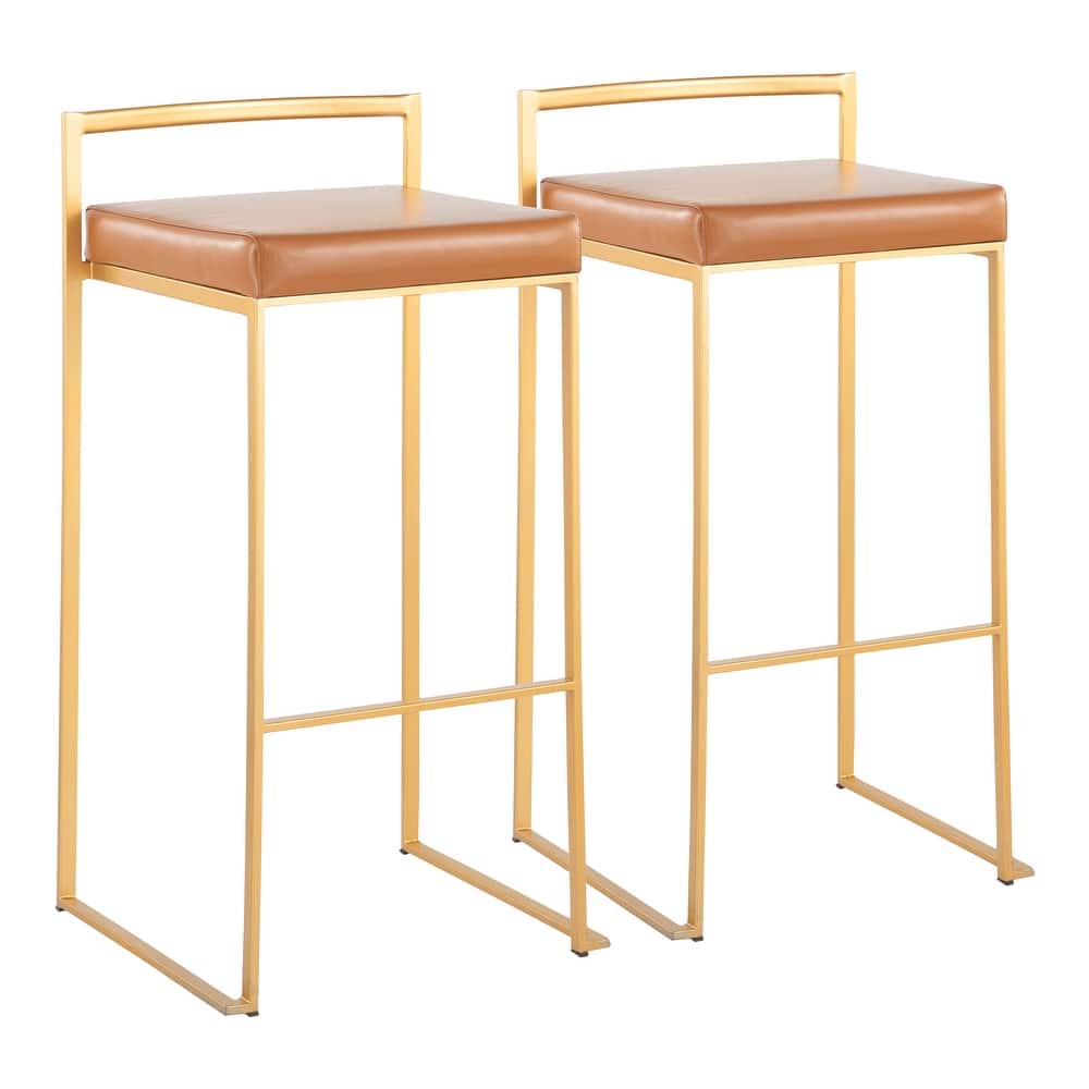 Lumisource Fuji Barstool in Gold with Camel Faux Leather - Set of 2 - 16"Lx17.5"Wx34"H