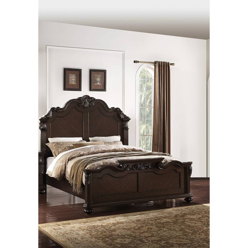 Traditional Style Bed Set Crowned Headboard Bun Feet Antique Cherry Finish