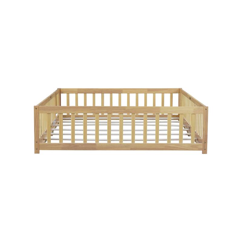 Queen Size Floor Bed with Fence,Door,Rubber Wood Floor Bed with Safety Guardrails