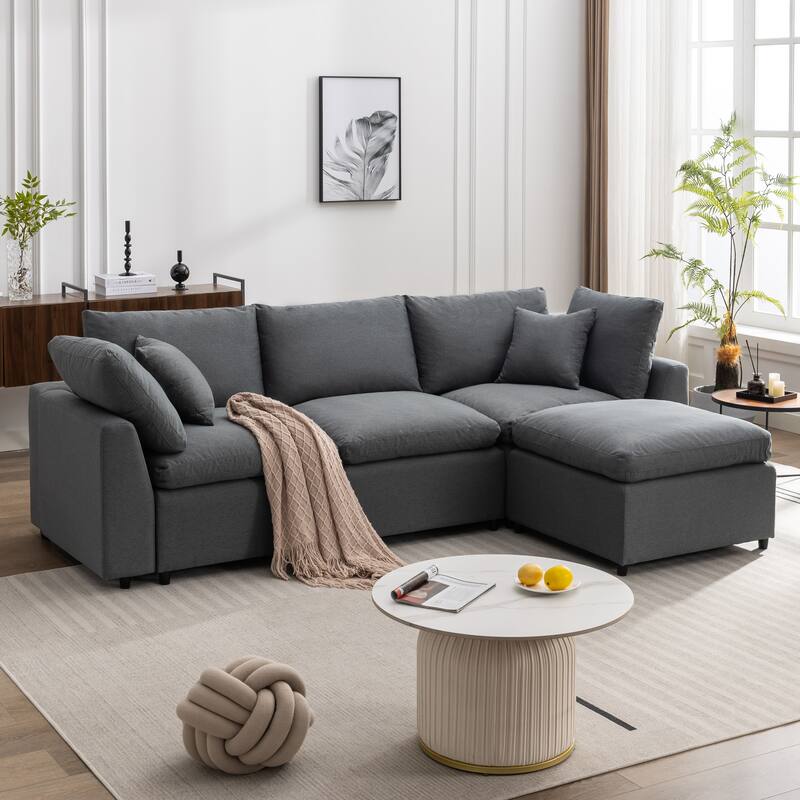 Modular Design Sectional Sofa with Reversible Chaise and Feather-Filled Seats