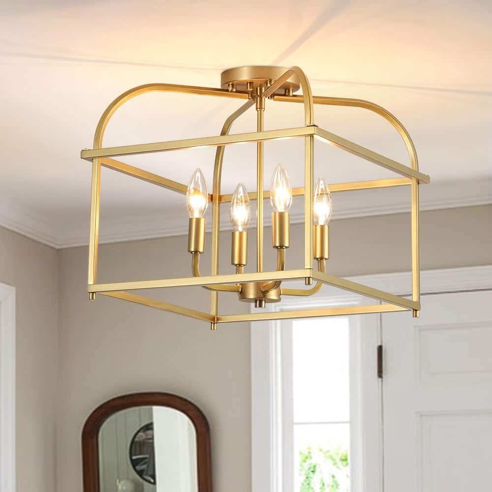 4-Light Iron Open Square Lantern Candle Semi Flush Mount 15in