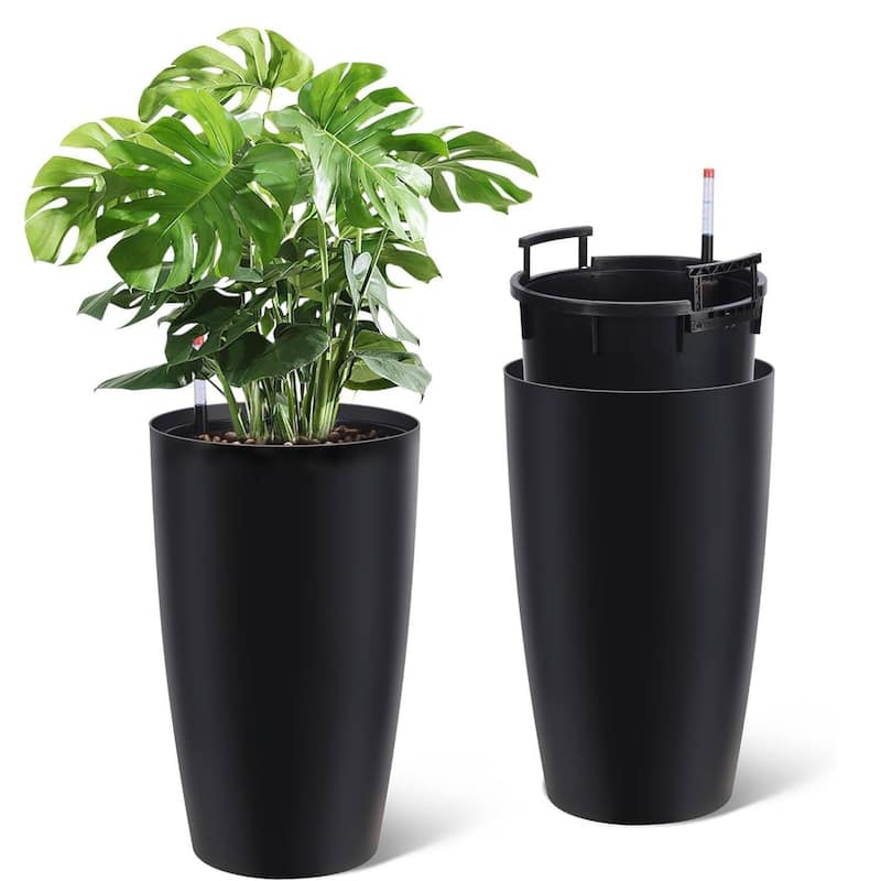 Set of 2 Tall 21.7" Self-Watering Planters, Flower Pots for Porch, Patio, Backyard - Black