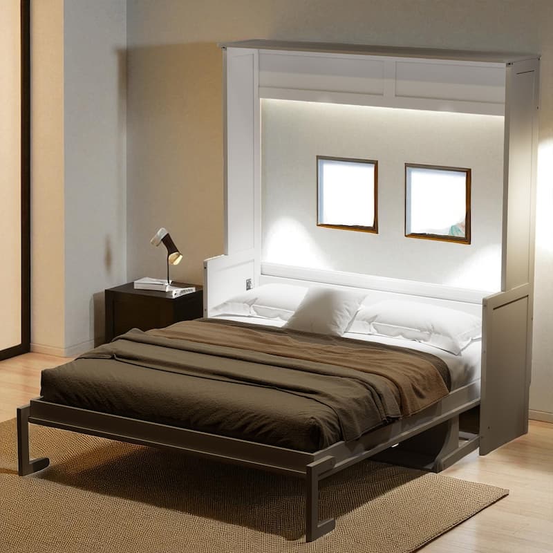 Queen Murphy Wall Bed with Desk, LED Lights & USB, Dual-Piston Lift, 600 lb Capacity, 6-8 in Mattress, No Box Spring