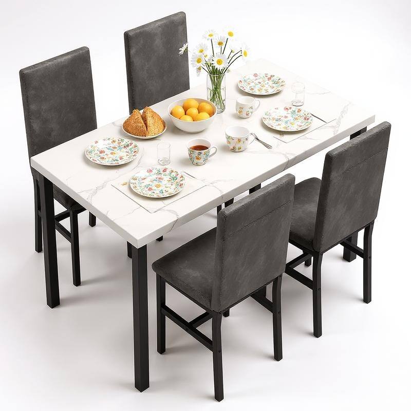 Grondin Modern Style Faux Marble Top 5-Piece Casual Dining Room Table Set with 4 Velvet Upholstered Dining Chairs