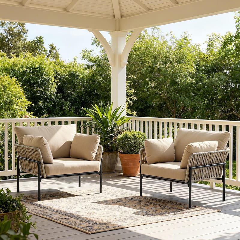 Christopher Knight Home - PureNest 36" Beige and Light Wood-Tone Rope Iron Lounge Chair with Cushions - 2-Piece - Grey+Beige