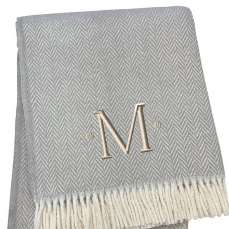 55" X 70" Gray And White Herringbone Cotton Blend A Initial Throw Blanket with Tassels And Embroidery