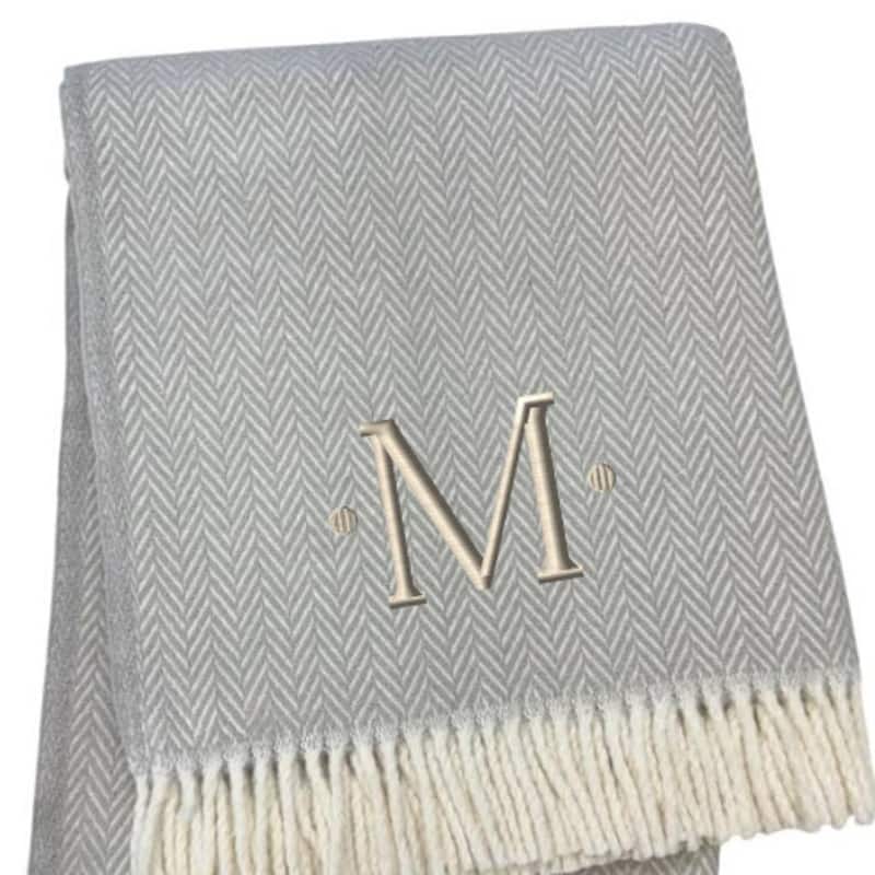 HomeRoots 55" X 70" Gray And White Herringbone Cotton Blend M Initial Throw Blanket with Tassels And Embroidery