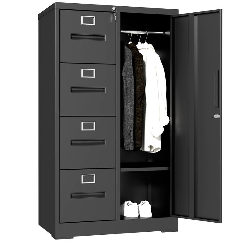 Metal Storage Vertical Filing Cabinet with Lock, Steel File Locker with 4 Drawers and 1 door for School, Living Room - Black