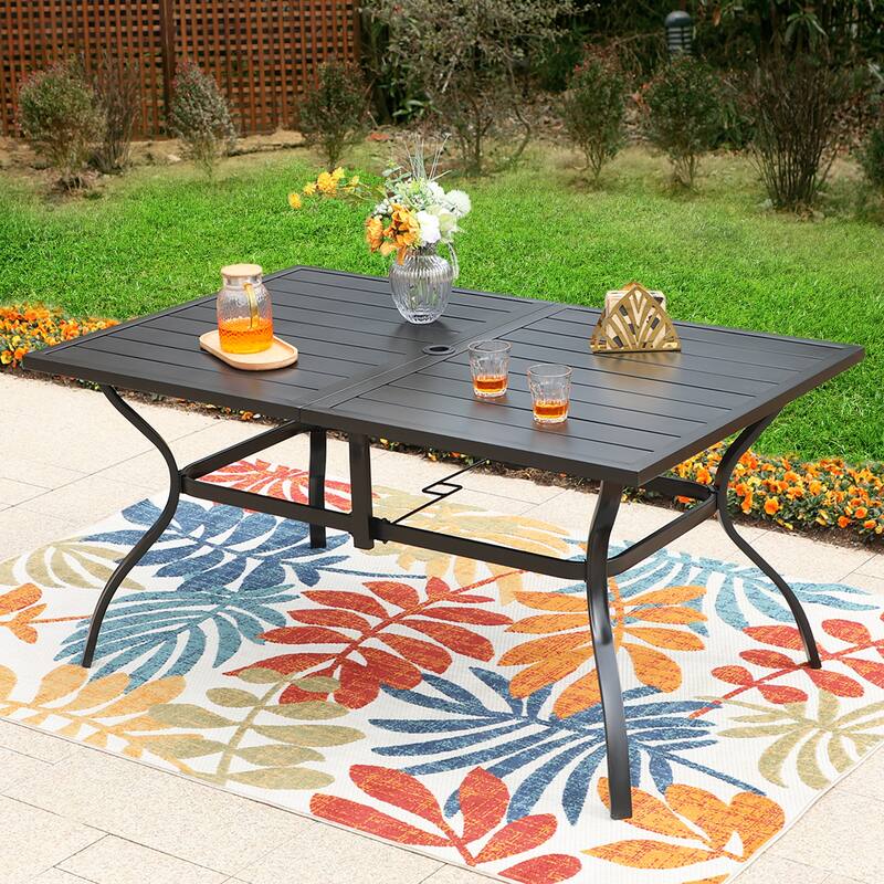 8-Piece Patio Dining Set Metal E-coating of 6 Upgraded Back Pattern Chairs & 1 Metal Table & 13FT Large Umbrella