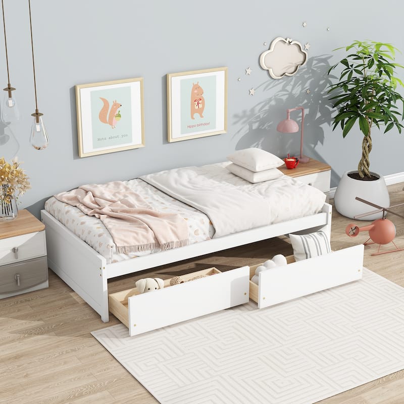 Roomfitters Twin Rubber Wood Bed Frame with Two Pull-Out Storage Units, Low Profile Platform Design - White - Twin
