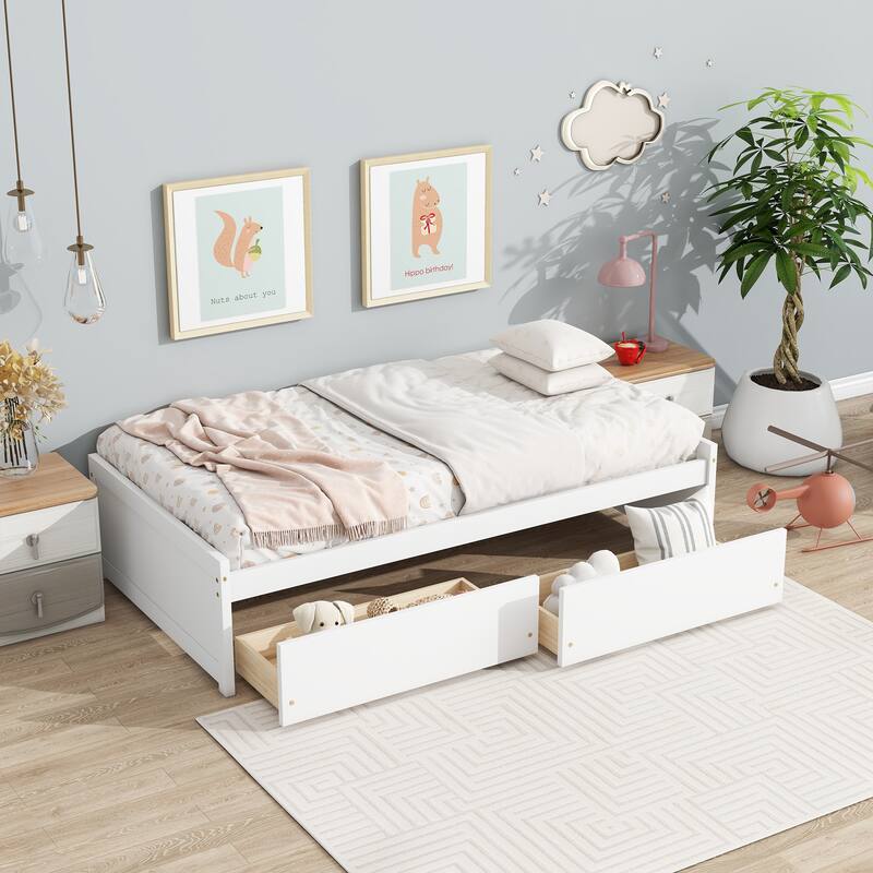 Twin Size Storage Bed with 2 Drawers Solid Rubber Wood Platform Bed, No Headboard - White - Twin