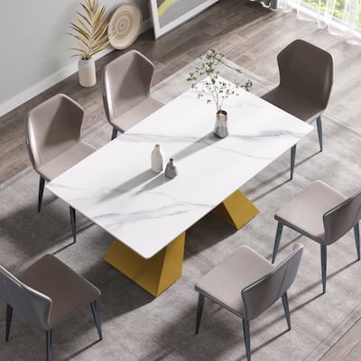 63"Modern artificial stone white straight edge metal leg dining table -6 people