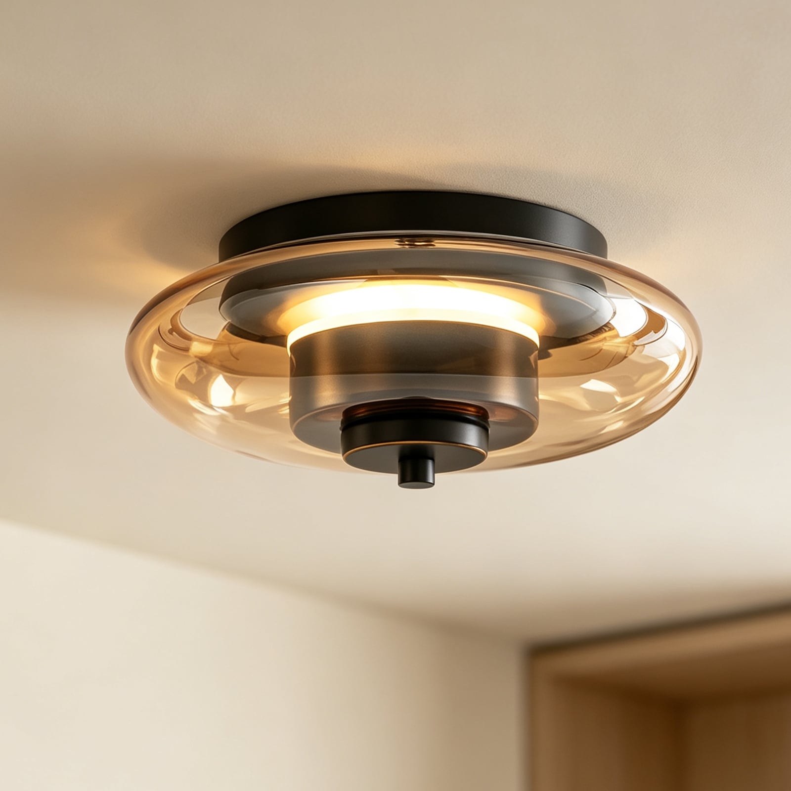 8.7 in. Mid-Century Modern Black Integrated LED Flush Mount Ceiling Light with Amber Glass Shade - 8.7 in. Dia x 3.5 in. H