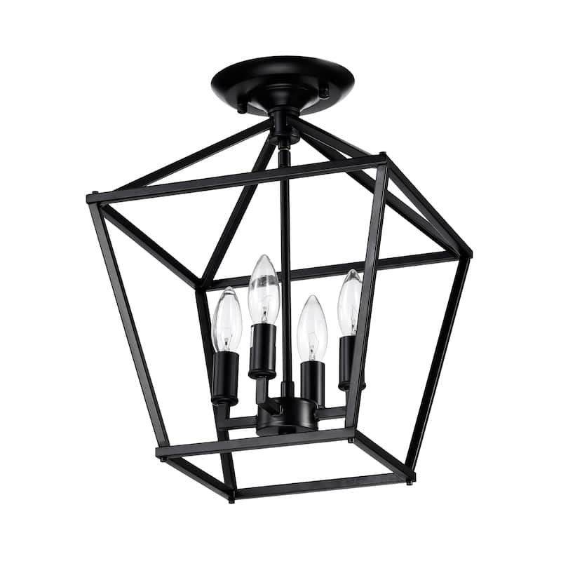 Matte Black 4-Light 12 in. Cage Lantern Farmhouse Semi-flush Mount