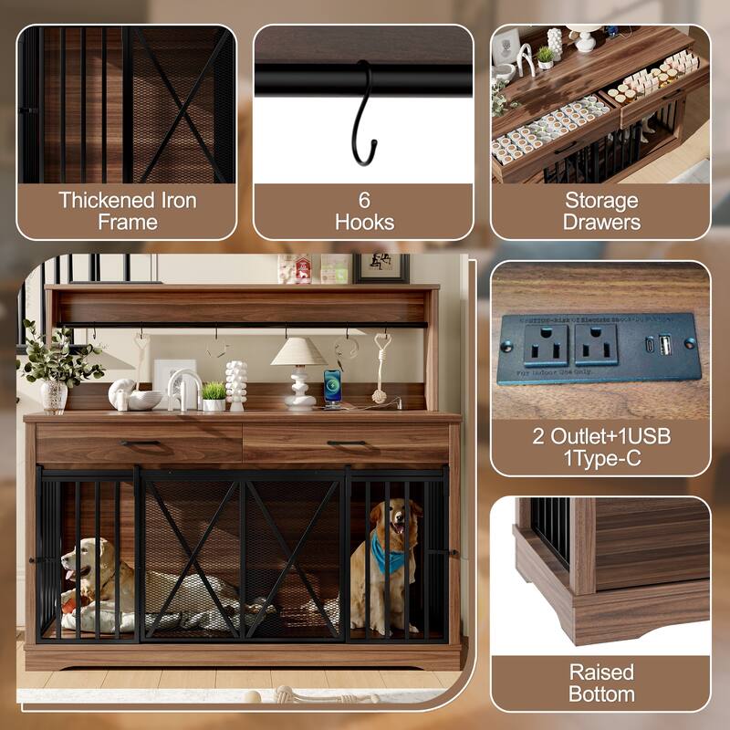 55.1" Dog Crate Furniture, Dog Cage Table with 2 Storage Drawers and Shelves, TV Stand Side End Table