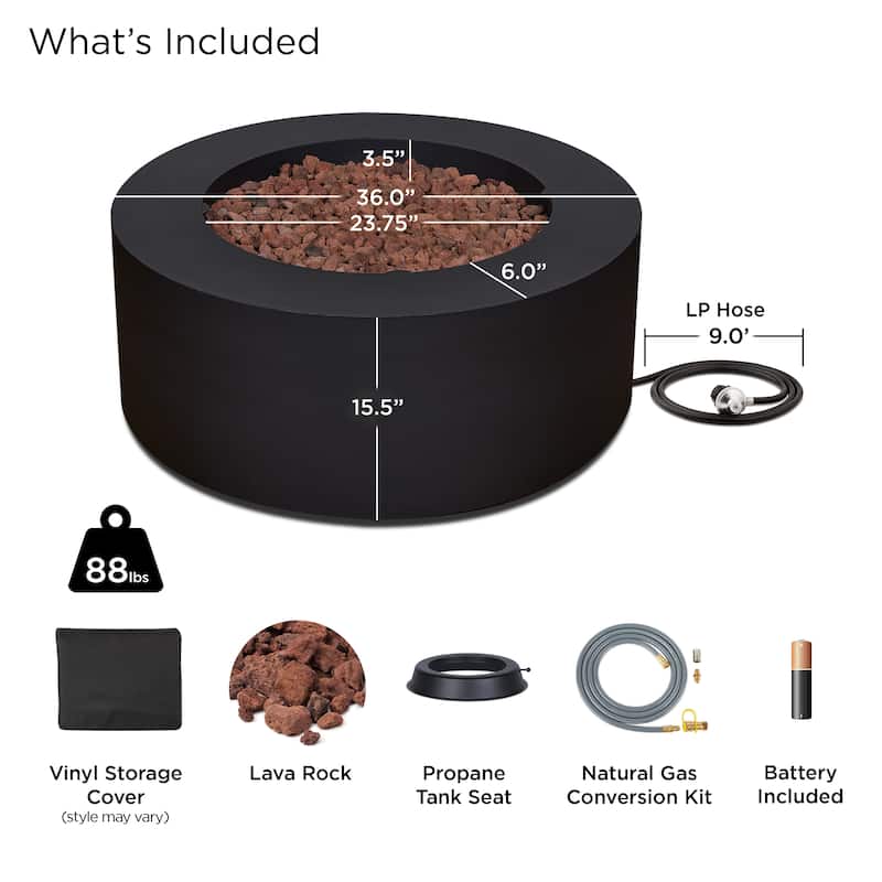 Aegean 36" Round LP Fire Table Black w/NG Conversion kit by Real Flame