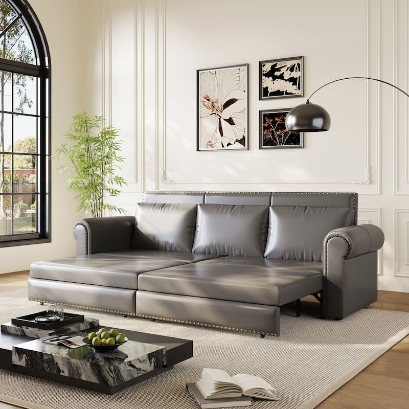 Chesterfield Sofa, 93.7" Faux Leather Convertible Sleeper Sofa Bed, Vintage 3-in-1 Pull Out Couch w/ Nailhead Trim & Rolled Arms
