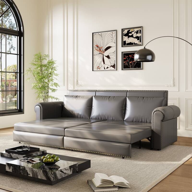 Homy Casa Faux Leather Pull-Out Sofa Bed, 2-in-1 Convert Sleeper Couch