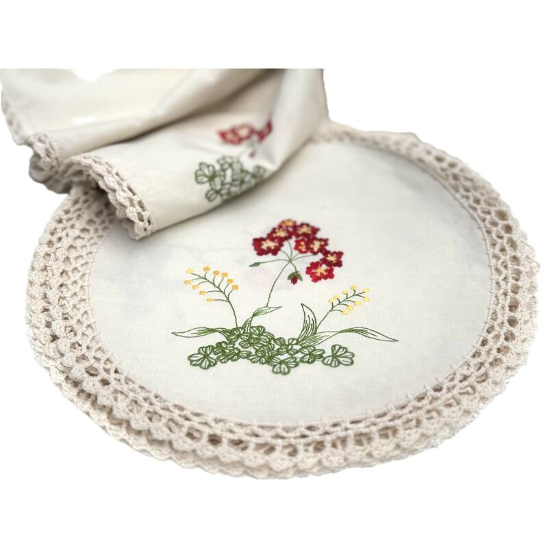 Embroidered Flowers with Beige-12Rnd-Doilies-Set of 4-Beige