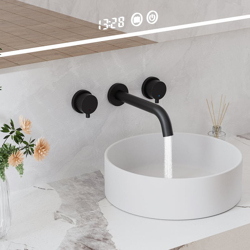 Matte Black Round Double Handle Wall-Mount Bathroom Basin Faucet