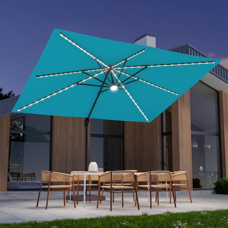LIVOOSUN 11.5x9FT LED Cantilever Patio Umbrella Solution-Dyed Fabric w/Base - SkyBlue