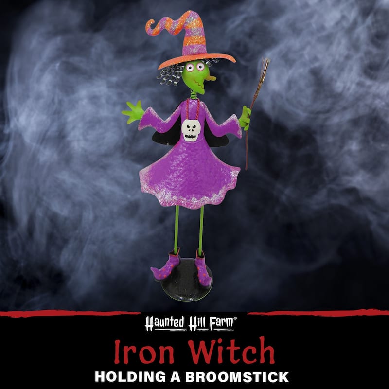 Haunted Hill Farm 28-In. Iron Witch Holding a Broomstick with Removable Yard Stake for Indoor or Outdoor Halloween Decoration
